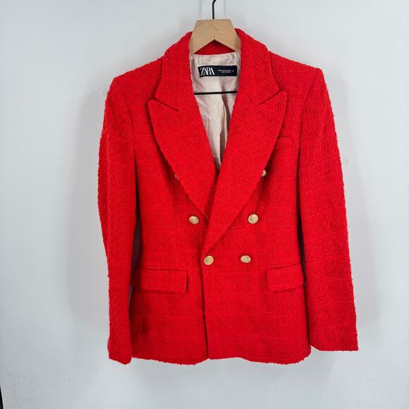 Zara Red Tweed Double Breasted Blazer Gold Buttons XS Holiday Party Chic - Picture 7 of 7